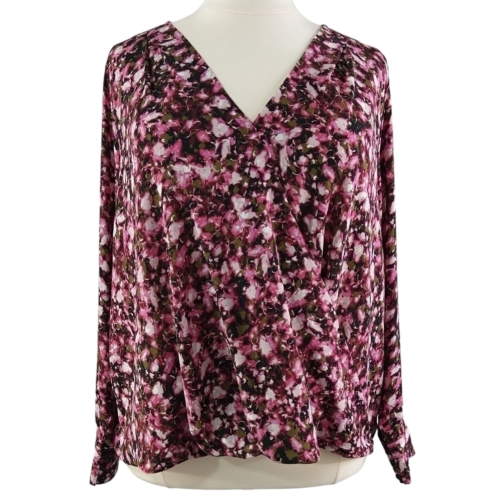 Halogen Pink Floral Cross Front Surplice Neck Faux Wrap Blouse Romantic Colorful